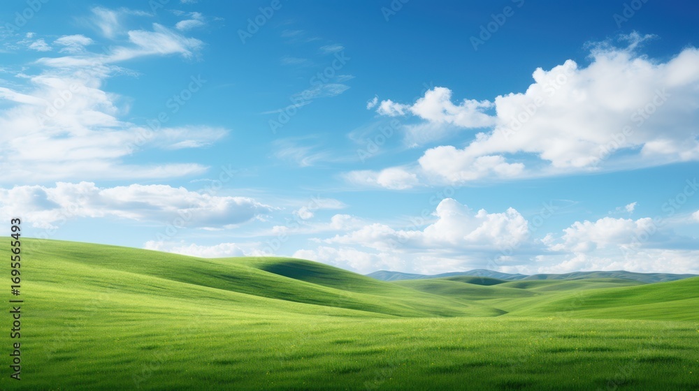 Obraz premium Verdant rolling hills under a bright blue sky with fluffy clouds green grass
