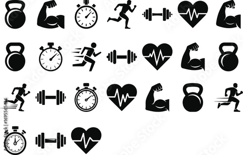 Dynamic fitness icons capture healthy life, strength, and speed for active living.