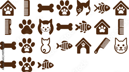 Collection of cute pet care icons featuring cats, dogs, fish, bones, and grooming tools