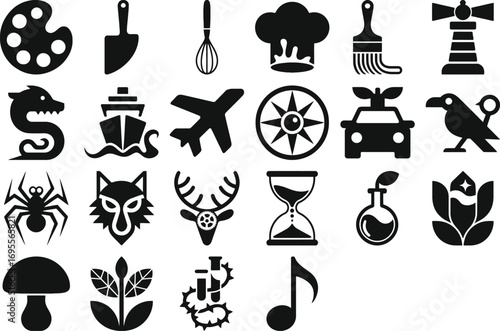 Diverse icons represent , travel, nature, and concepts for modern design projects.