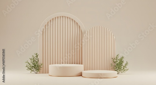 Minimalist beige podiums with arched ribbed backdrops and green foliage for product display