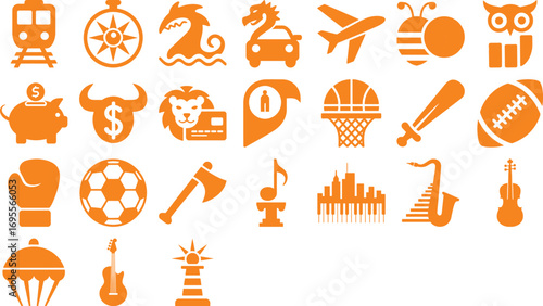 Vibrant orange icons representing travel, finance, sports, music, and city life for modern design