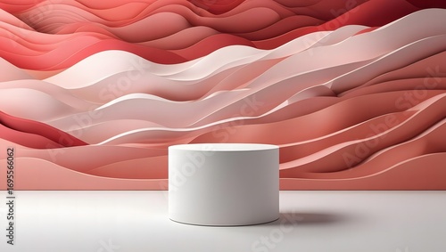 Minimalist white cylinder podium placed on a light surface against a backdrop of flowing abstract waves in shades of pink and coral