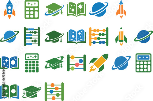 Ignite curiosity with vibrant icons for education, space, and numbers