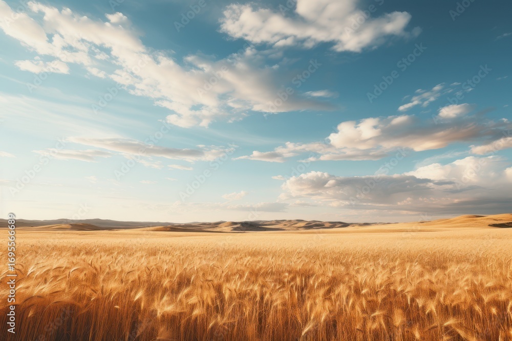 Obraz premium Golden wheat field under vast blue sky with clouds image