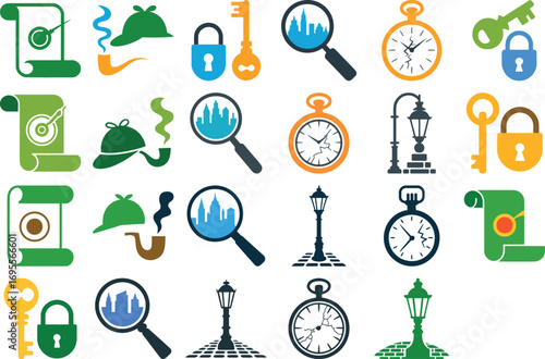 Explore mysteries with detective tools like magnifying glasses, maps, and vintage keys.