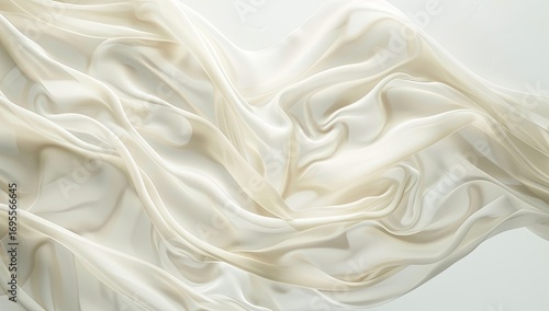 Elegant flowing white silk fabric drapes softly across a smooth surface, creating a serene atmosphere