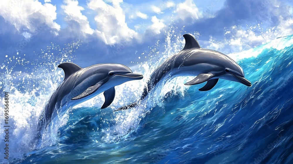 Fototapeta premium Playful Dolphins Leaping: A Vibrant Ocean Scene