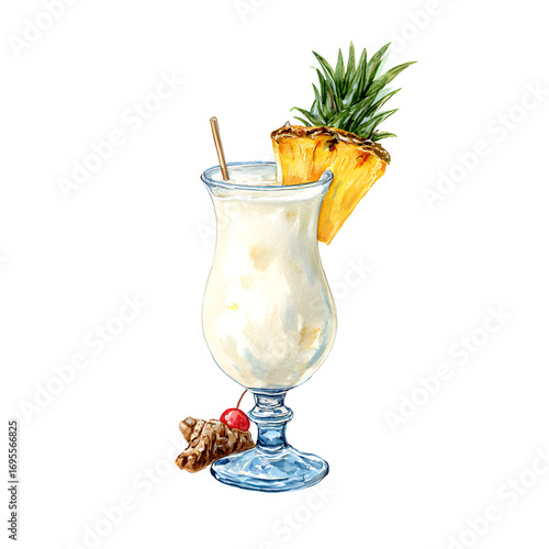 Tropical watercolor illustration of a pi?a colada cocktail against a black background