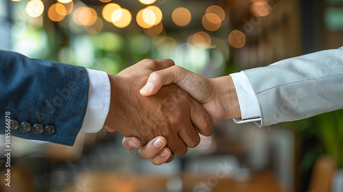 Two business executives shaking hands in a confident handshake