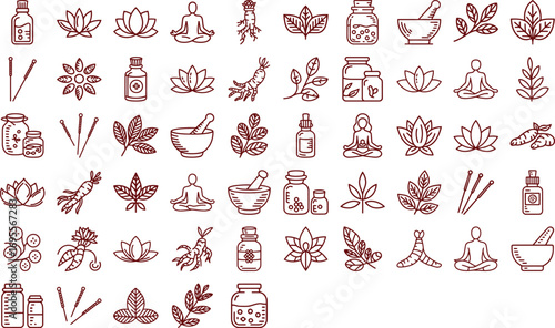 Holistic wellness icons featuring yoga, herbs, and acupuncture for natural healing