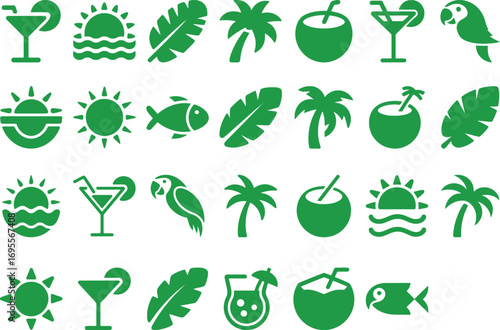 Vibrant tropical icons for summer vacation, beach pies, and island getaways