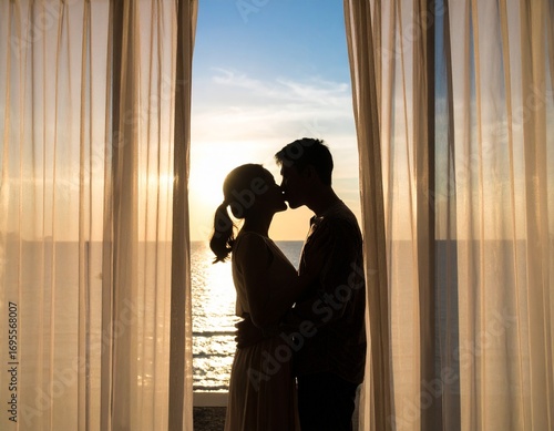 Romantic silhouette of a couple kissing by a window overlooking a beautiful sunset ocean view, evoking love and intimacy.