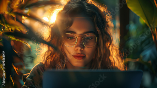 A young woman studying or working on her laptop in the evening sun