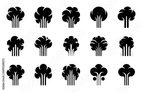 Collection of stylized black broccoli icons on a white background