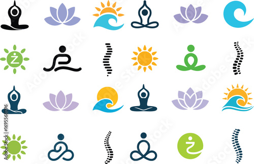 Diverse wellness icons calm yoga poses lotus flowers sun waves and spine health symbols