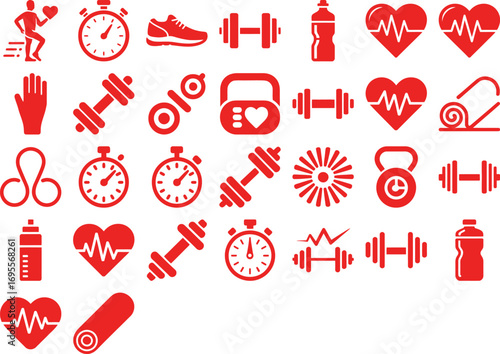 Dynamic fitness icons vibrant red set for health wellness and sports design projects