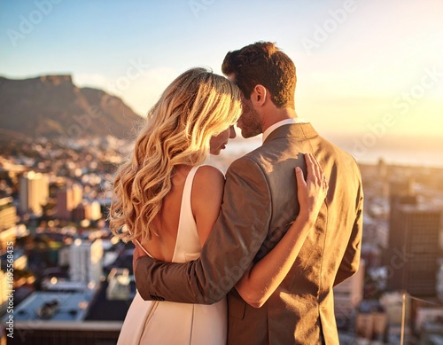 A romantic couple embracing while looking out over a beautiful city skyline at sunset.