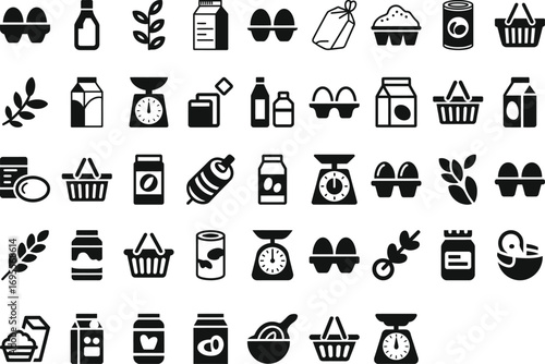 Fresh groceries, healthy food icons, and market essentials for modern commerce and healthy living