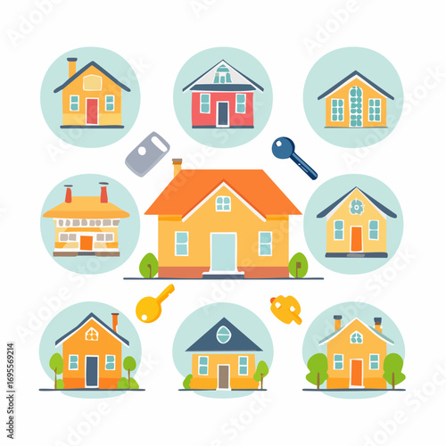 Flat real estate vector icons, house, building, key, contract, agent, mortgage, clean modern flat line style, isolated on white background.