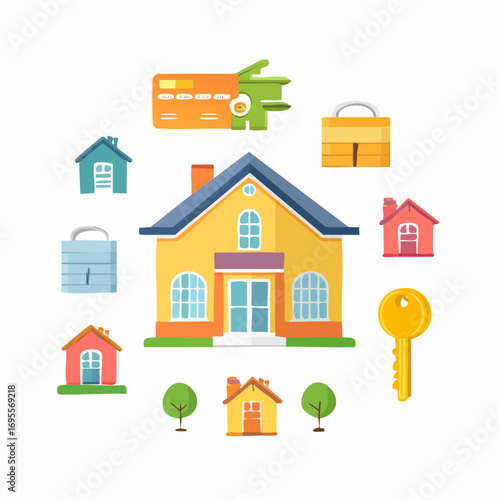 Flat real estate vector icons, house, building, key, contract, agent, mortgage, clean modern flat line style, isolated on white background.