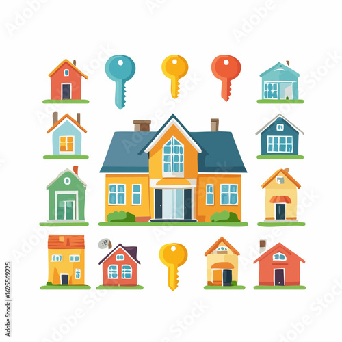Flat real estate vector icons, house, building, key, contract, agent, mortgage, clean modern flat line style, isolated on white background.