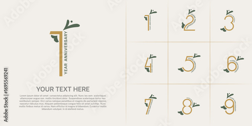 Anniversary logo type set with double line number. brown color with leaf ornament can be use special moment
