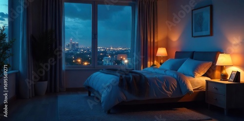 Serene night scene featuring a softly lit bedroom with a comfortable bed and calming decor, perfect for a peaceful sleep backdrop , serene, dream
