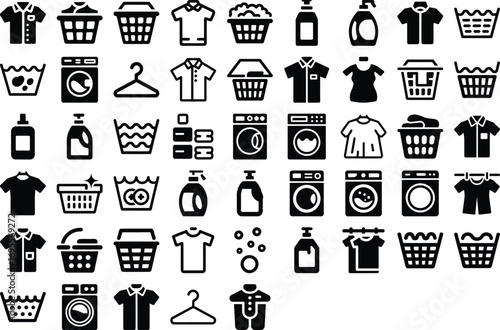 Modern laundry icons for clean clothes, washing machines, and laundry baskets