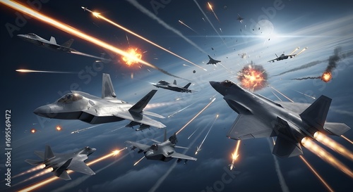 Intense aerial combat with fighter jets engaged in a dogfight with explosions and tracer fire