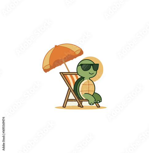 Turtle relaxing on beach chair under umbrella