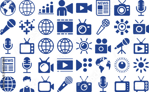 Dynamic media icons capture global communication, news, broadcasting, and technology themes