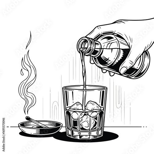 Hand pouring whiskey into a glass with ice, next to an ashtray with a lit cigarette and smoke, in a black and white illustration style.
