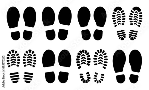 Collection of Black Footprint Silhouettes and Shoe Tread Patterns