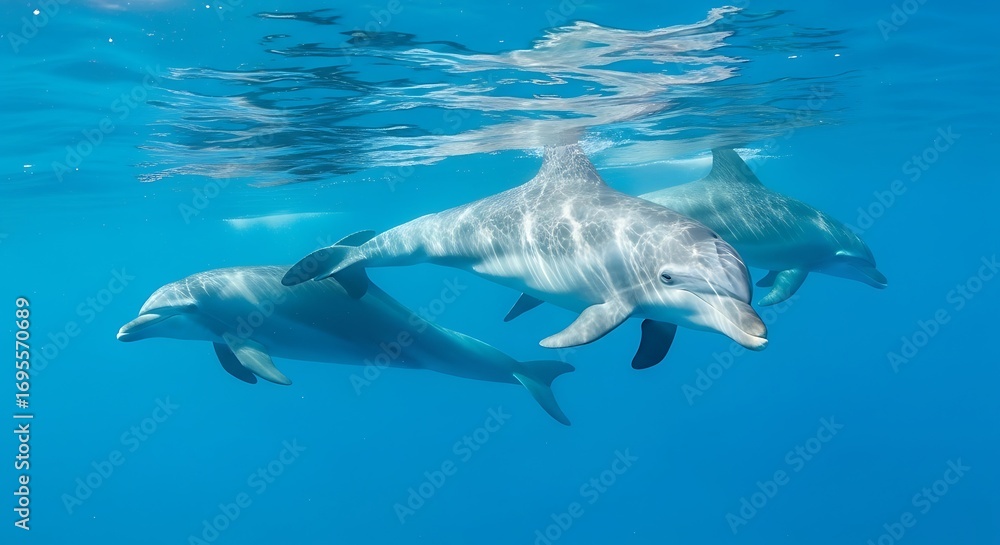 Naklejka premium Three playful dolphins gracefully glide through the azure depths, their sleek bodies reflecting the vibrant marine environment.