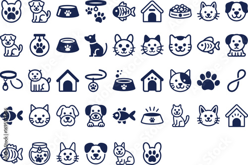 Charming collection of dog, cat, and fish icons perfect for pet care branding