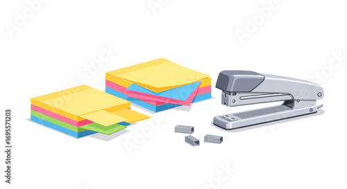 Organized office supplies illustration featuring a stapler and vibrant sticky notes stationery