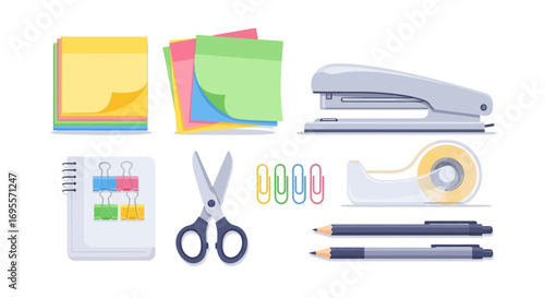 Illustration of colorful office supplies set perfect for a workspace presentation stationery items