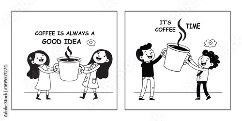 Cartoon characters celebrating coffee time.