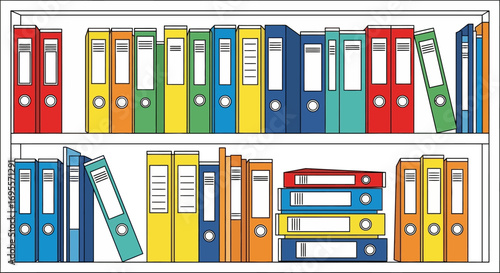 Colorful Ring Binders on a White Bookshelf, A Symbol of Organization and Efficiency in