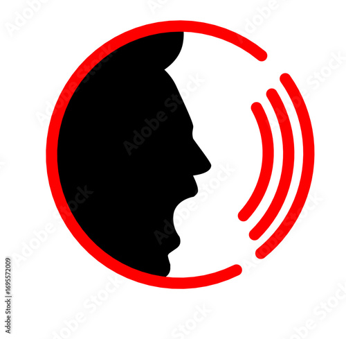Vector icon of a human profile shouting with sound waves, designed in a minimal black and red style. Perfect for illustrating concepts of communication, voice command, podcast, announcement, alert, au
