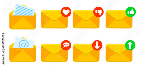 Set of yellow email and message icons with notifications, including envelopes with paper, love heart, dislike, thumbs up, at symbol, chat bubble, download, and upload signs. Perfect for email marketin