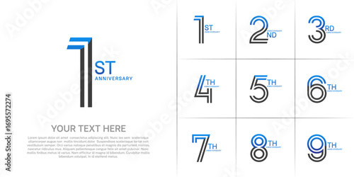 Anniversary set design with double line number. blue and black color for celebration event