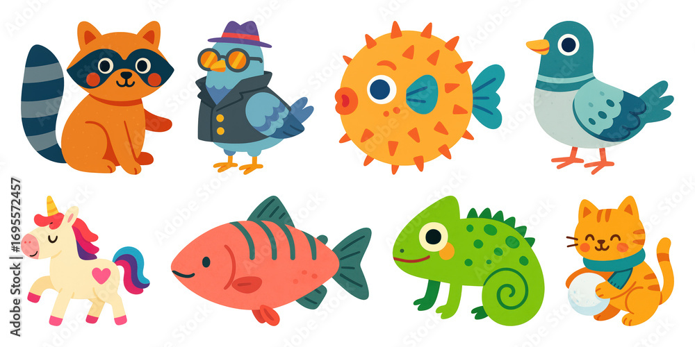 Fototapeta premium PNG Colorful cartoon animal illustrations, element set on transparent background
