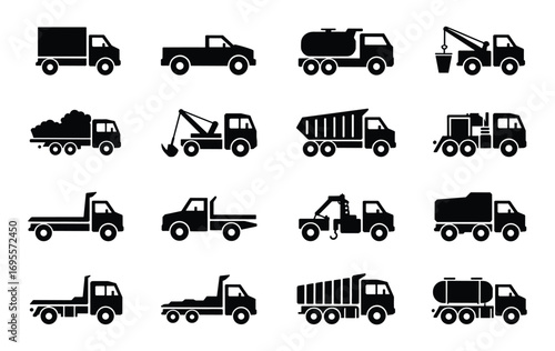 Black Silhouette Icons of Various Trucks and Construction Vehicles vector illustration