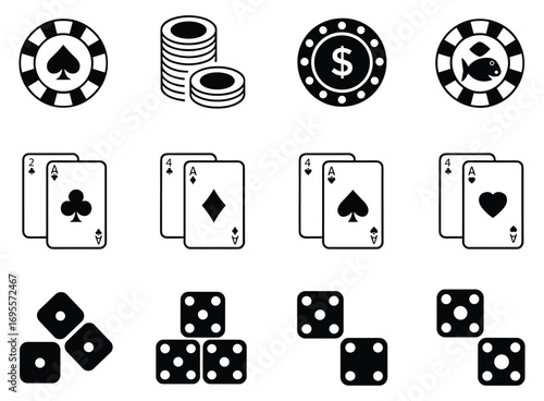 Casino and Gambling Icons Including Chips Cards and Dice Keywords: casino, gambling, game, play