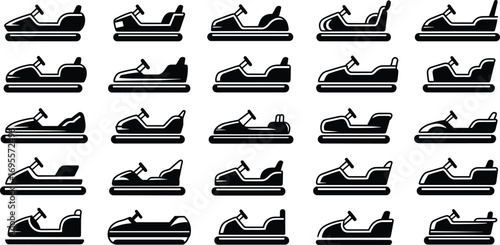 Vector bumper car icons set, amusement park ride symbols, silhouette electric dodgems, funfair car graphics, isolated on white background