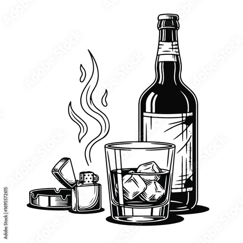 Vintage black and white illustration of a whiskey bottle, a glass with ice, a lighter, and an ashtray with smoke, depicting a classic bar scene.