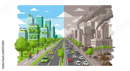 Flat design environmental awareness concept. A city skyline divided into two: green smart city with electric cars, cycle paths, and fresh trees versus grey urban sprawl with traffic congestion