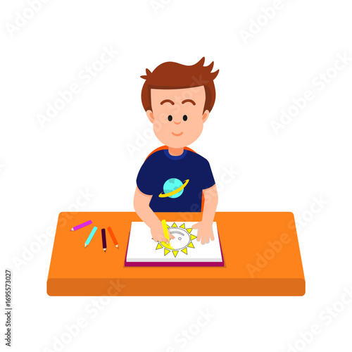 A boy colors a sun he previously sketched in his drawing book